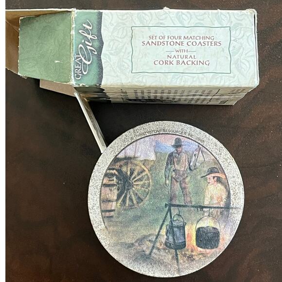 Thirstystone Western Country Cowboy Sandstone Coasters Set 4 New In Box Vintage - Picture 6 of 12